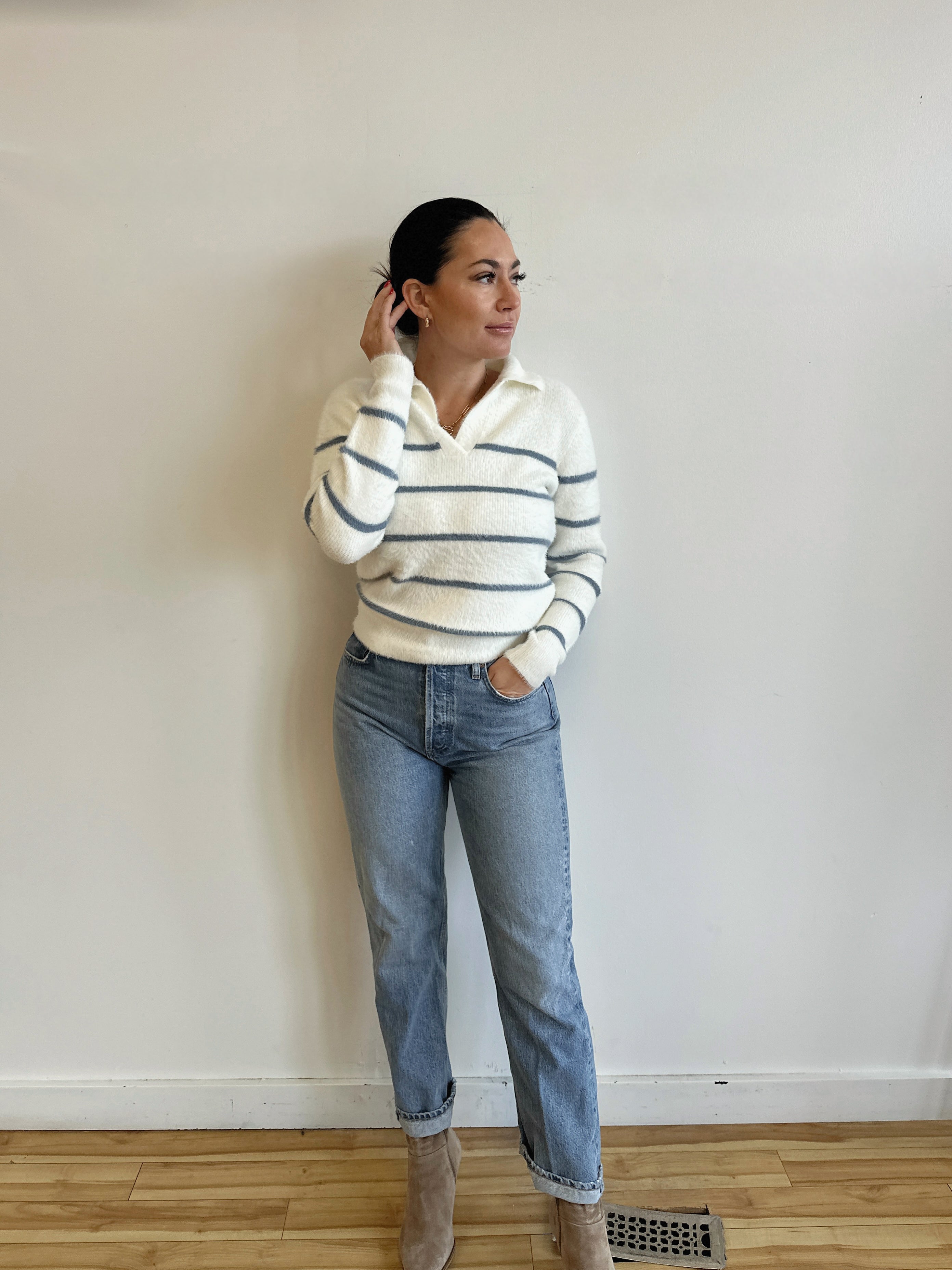 Collar Fuzzy Stripe Sweater