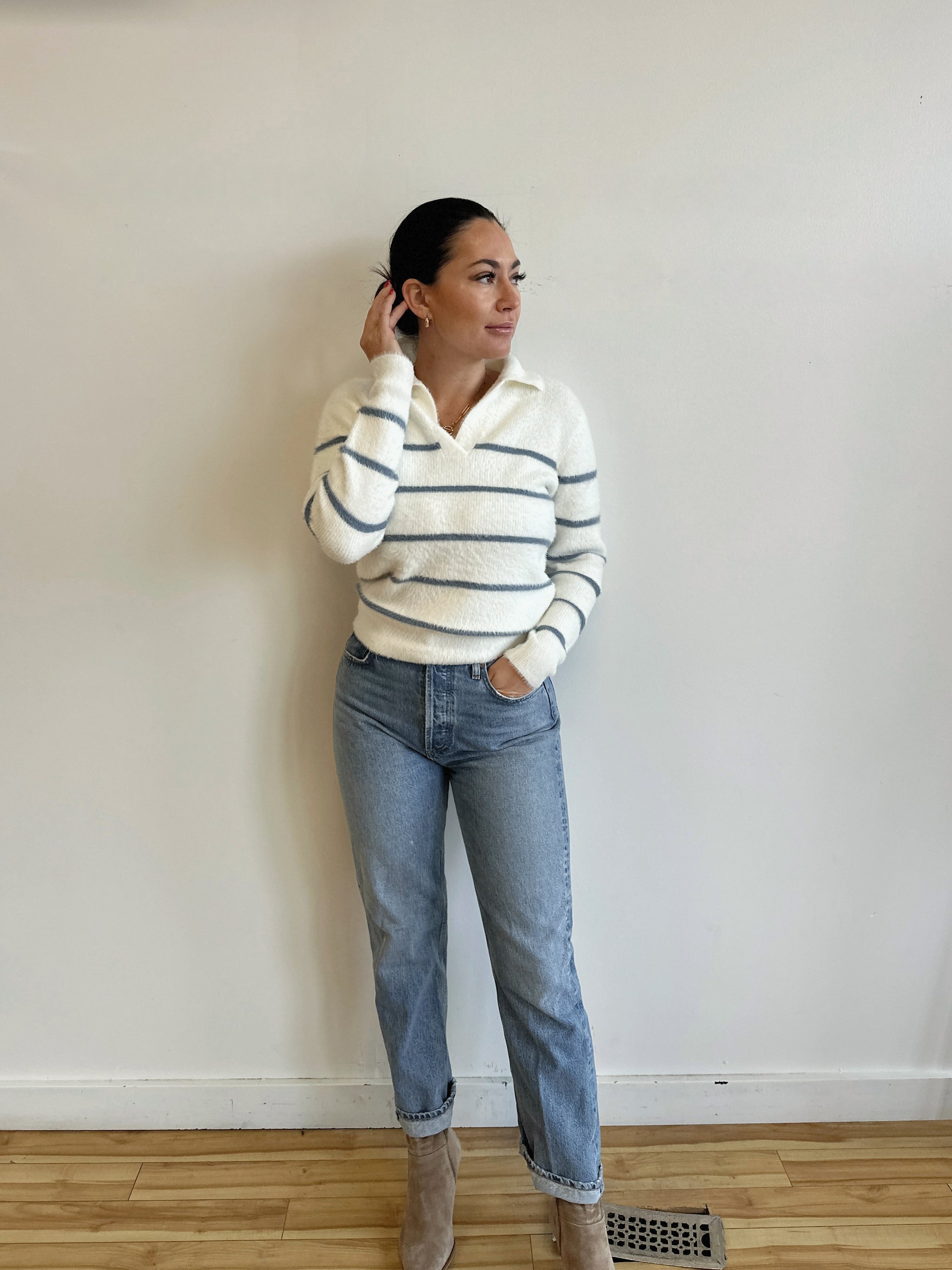 Collar Fuzzy Stripe Sweater – Uptown Casuals