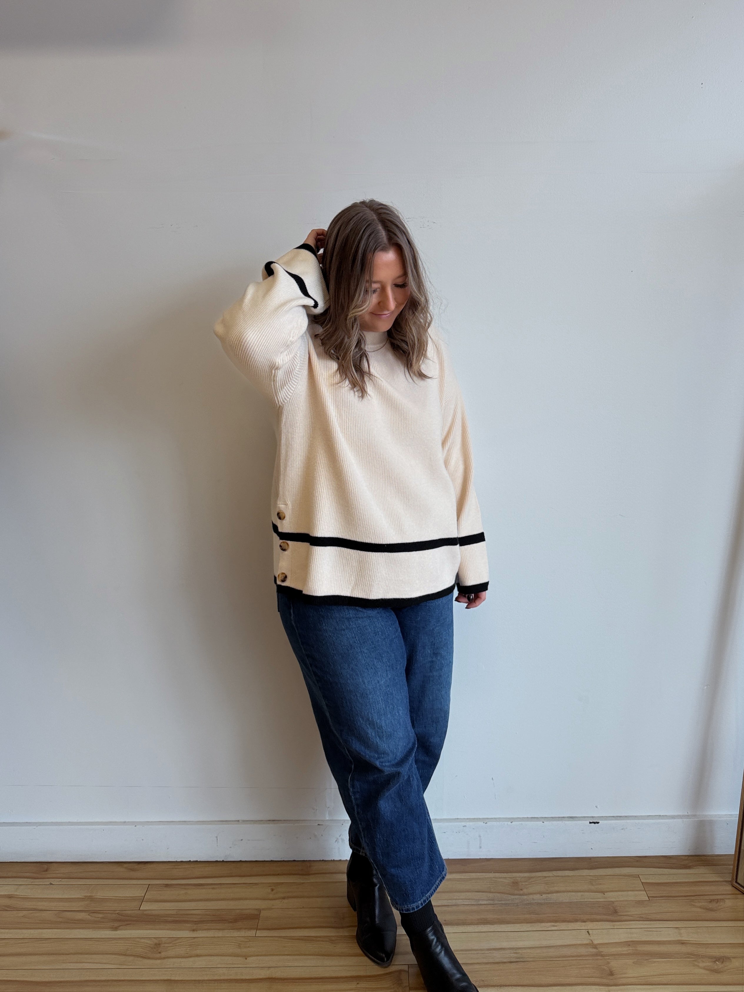 Contrast Striped Button Detail Sweater