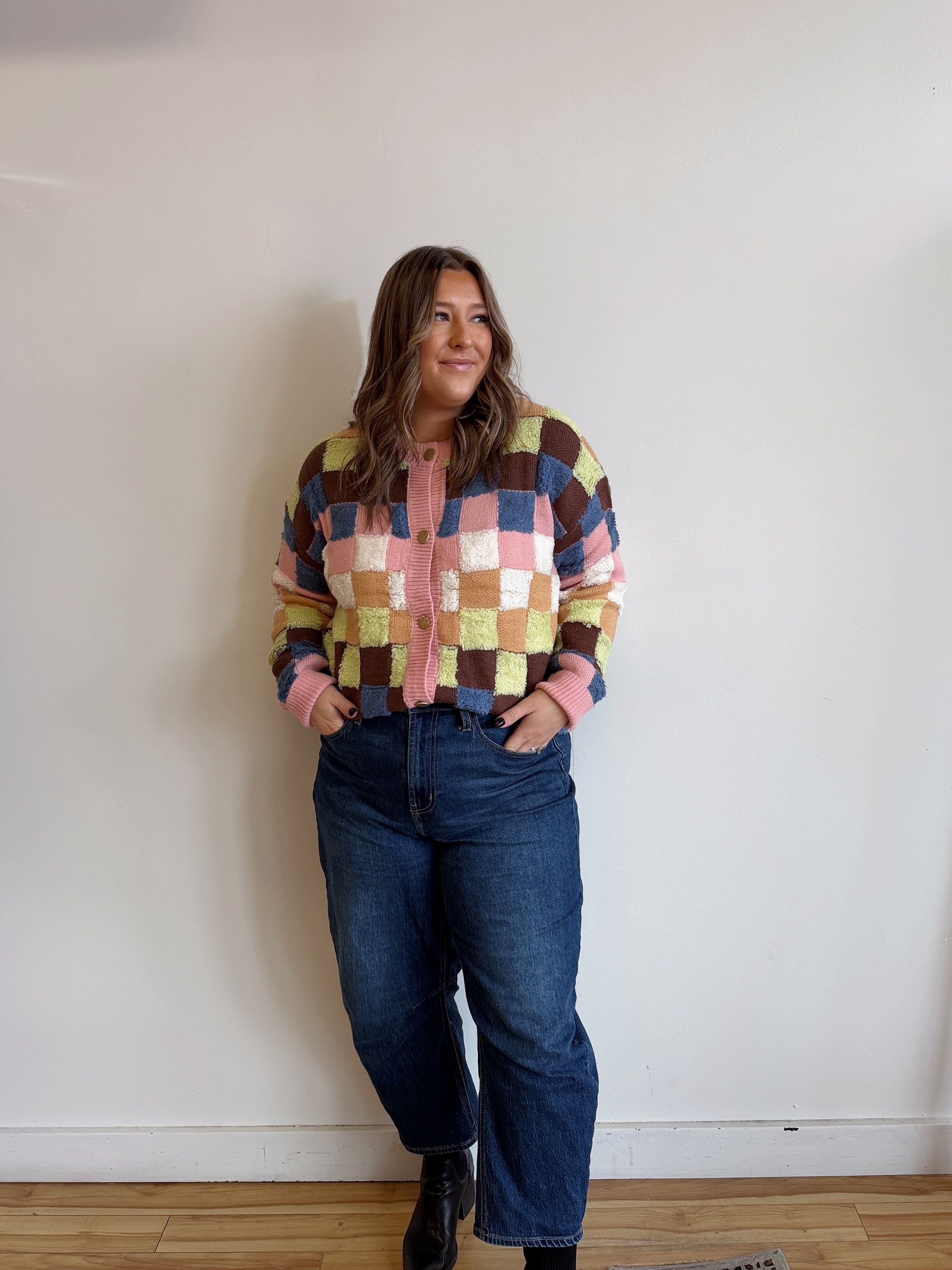 Checker Pattern Button Knit Cardigan