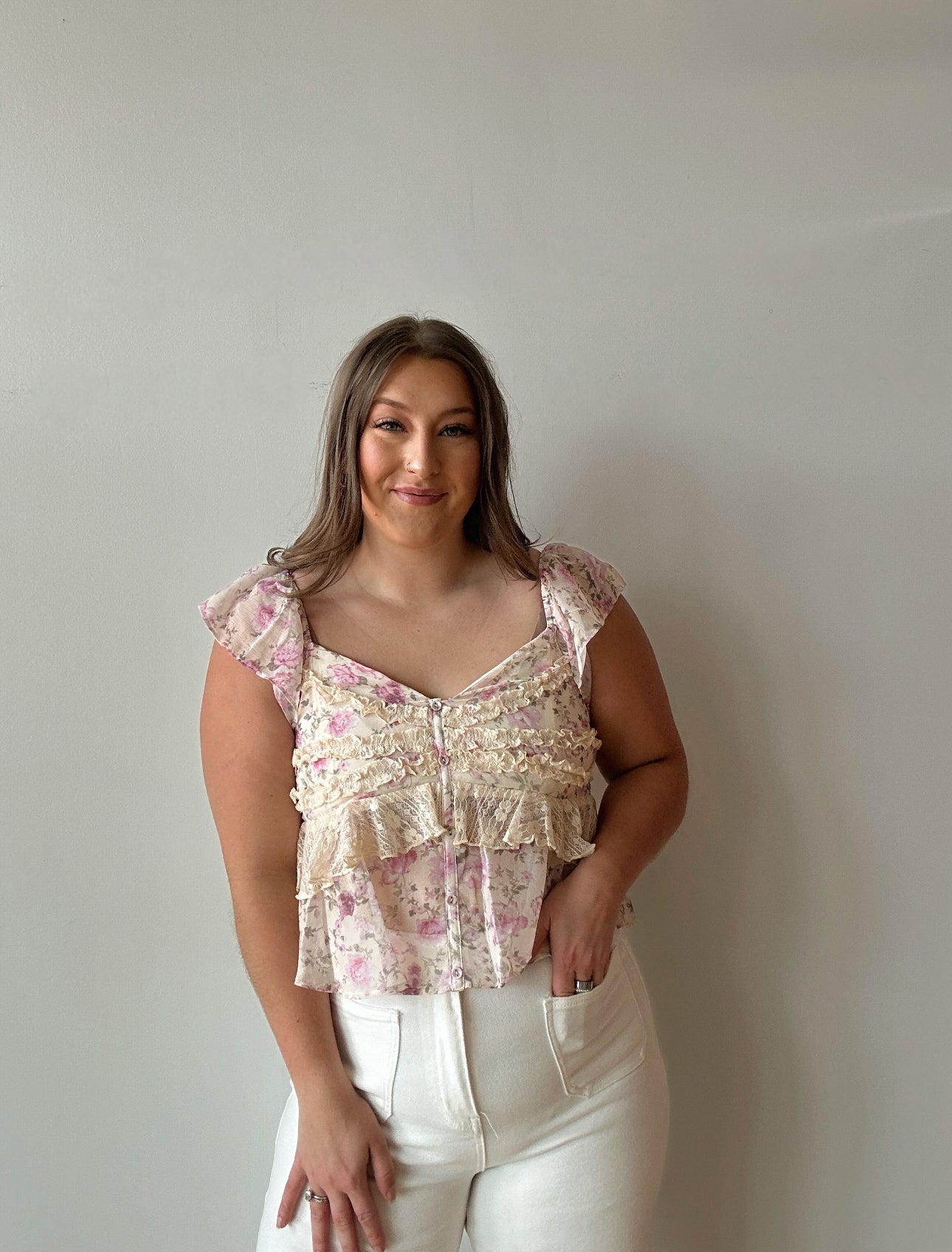 Floral Ruffle Lace Neck Top