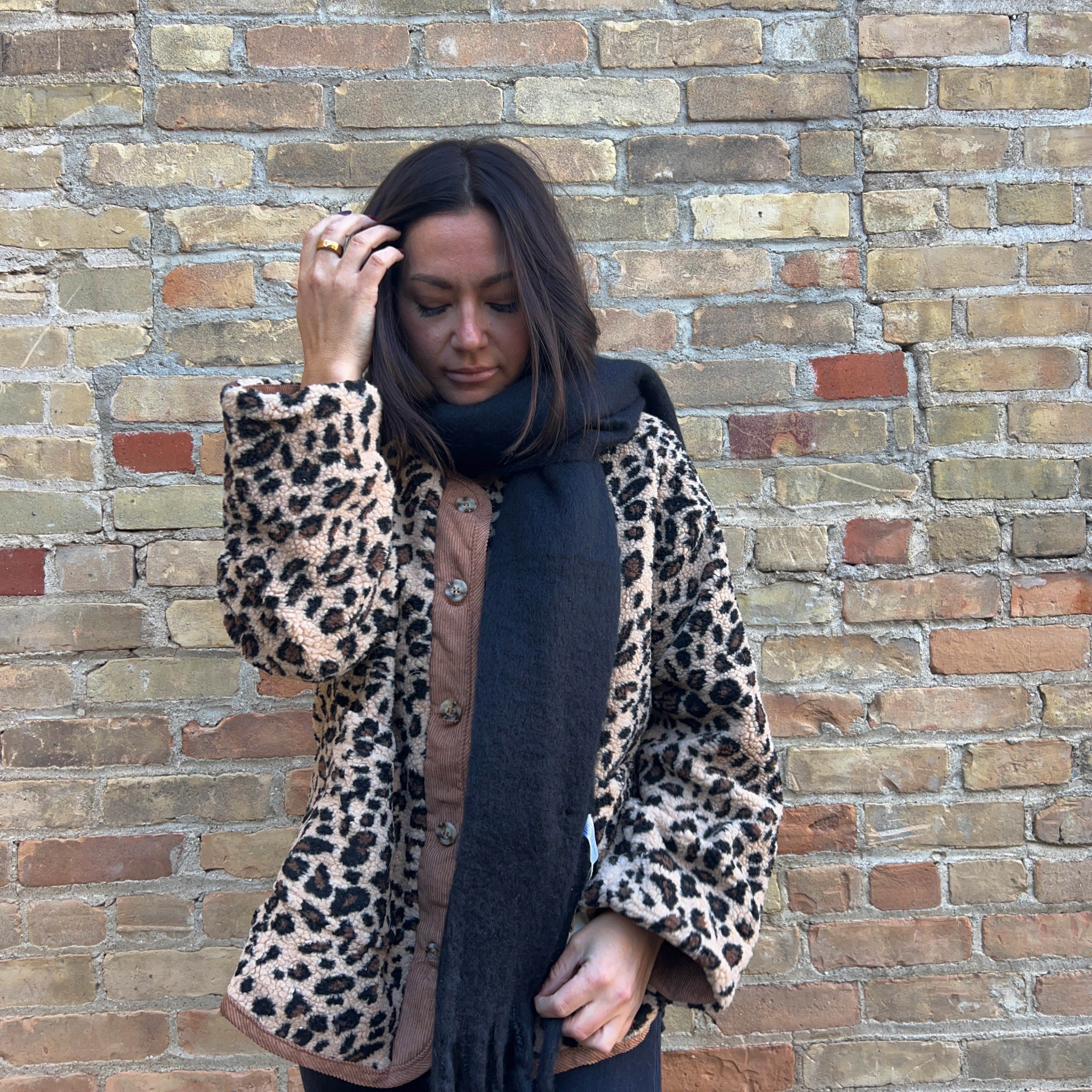 Button Leopard Sherpa Jacket